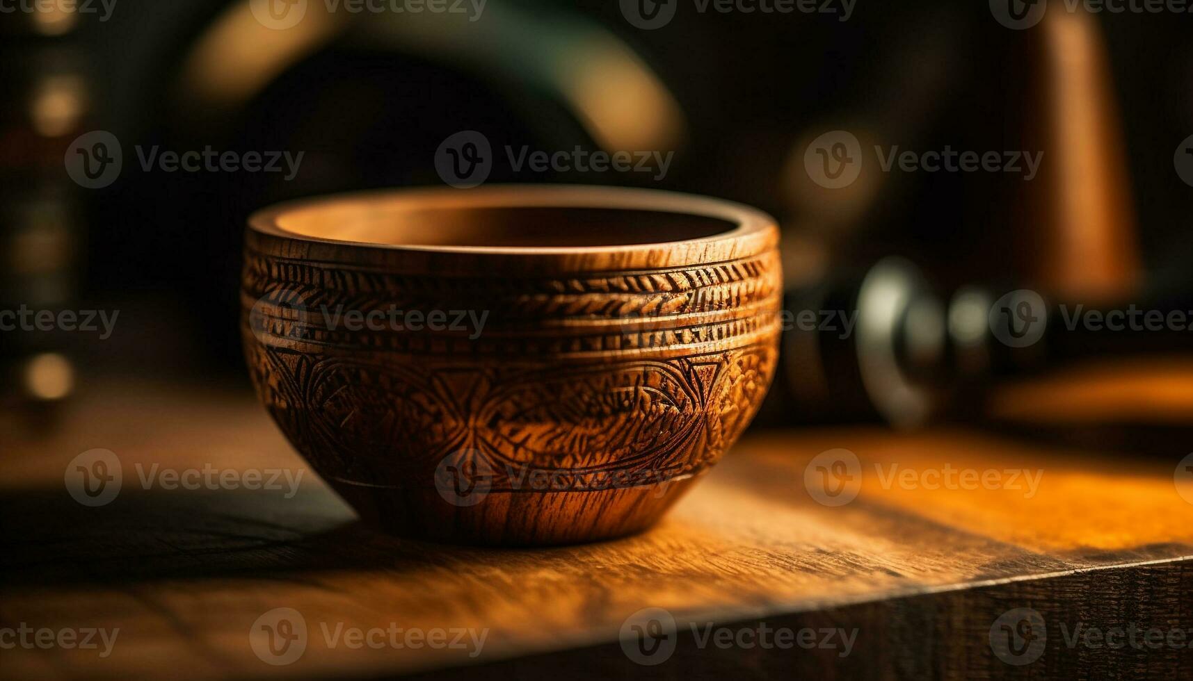 un vecchio stile terracotta vaso si siede su un' rustico di legno tavolo generato di ai foto