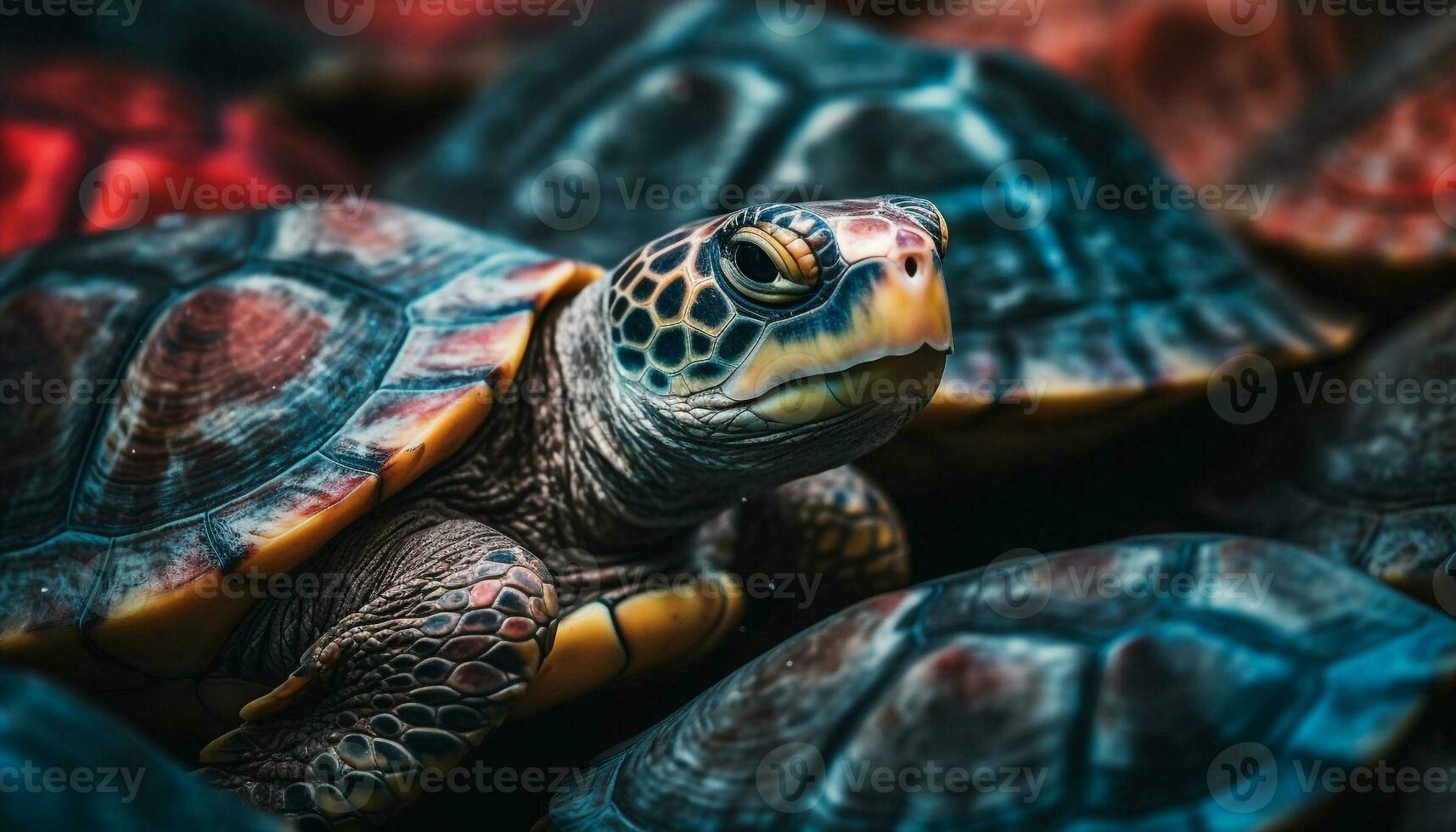 un' Lento, carino tartaruga striscia subacqueo nel un' tropicale stagno generato di ai foto