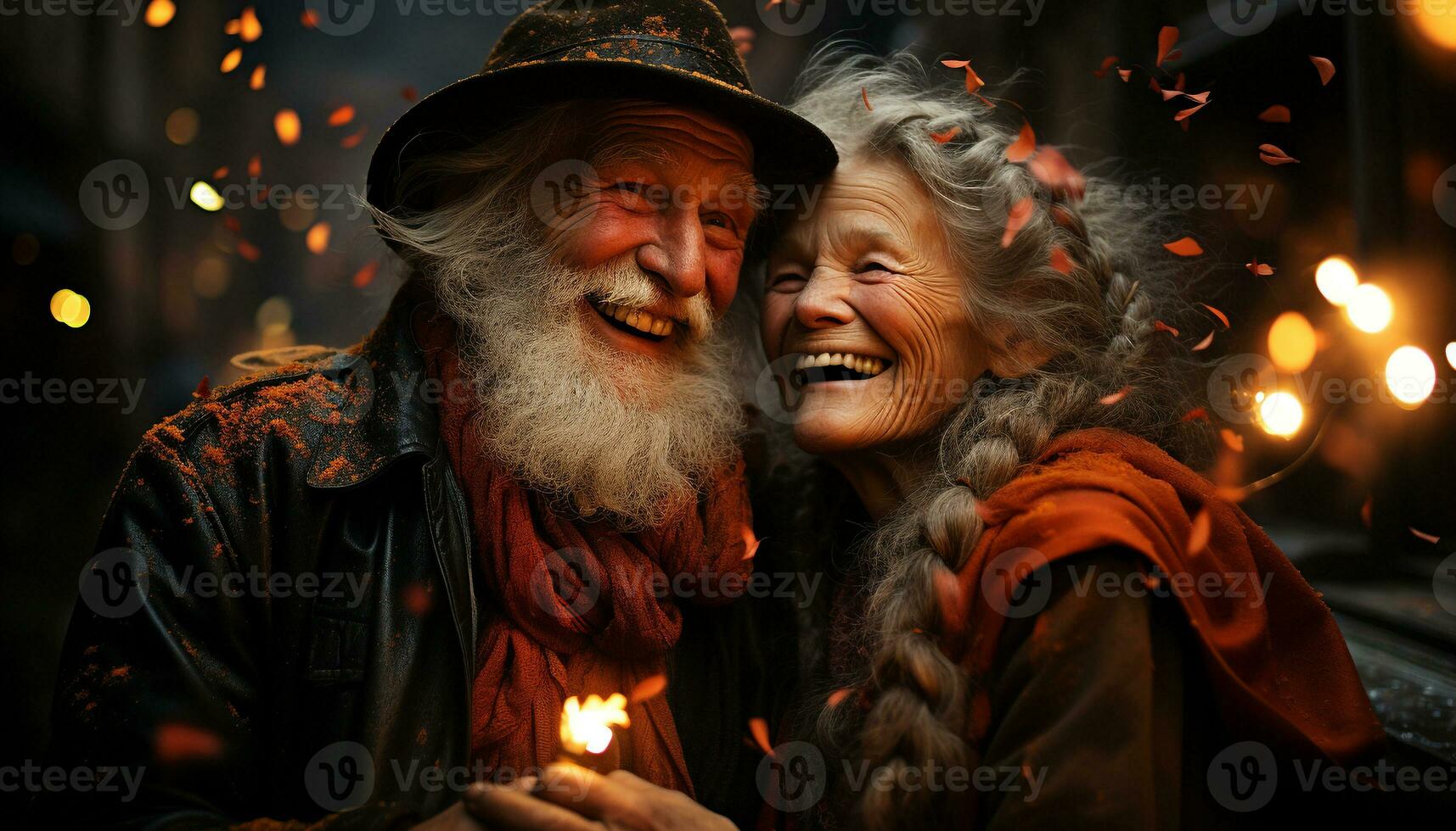 sorridente uomini e donne celebrare felicità, amore, e relazioni all'aperto generato di ai foto