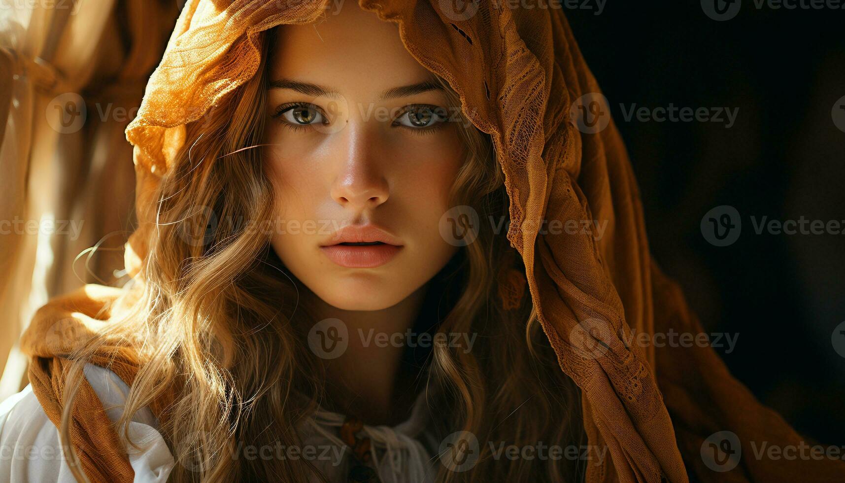 un' bellissimo giovane donna con lungo Marrone capelli guardare all'aperto generato di ai foto