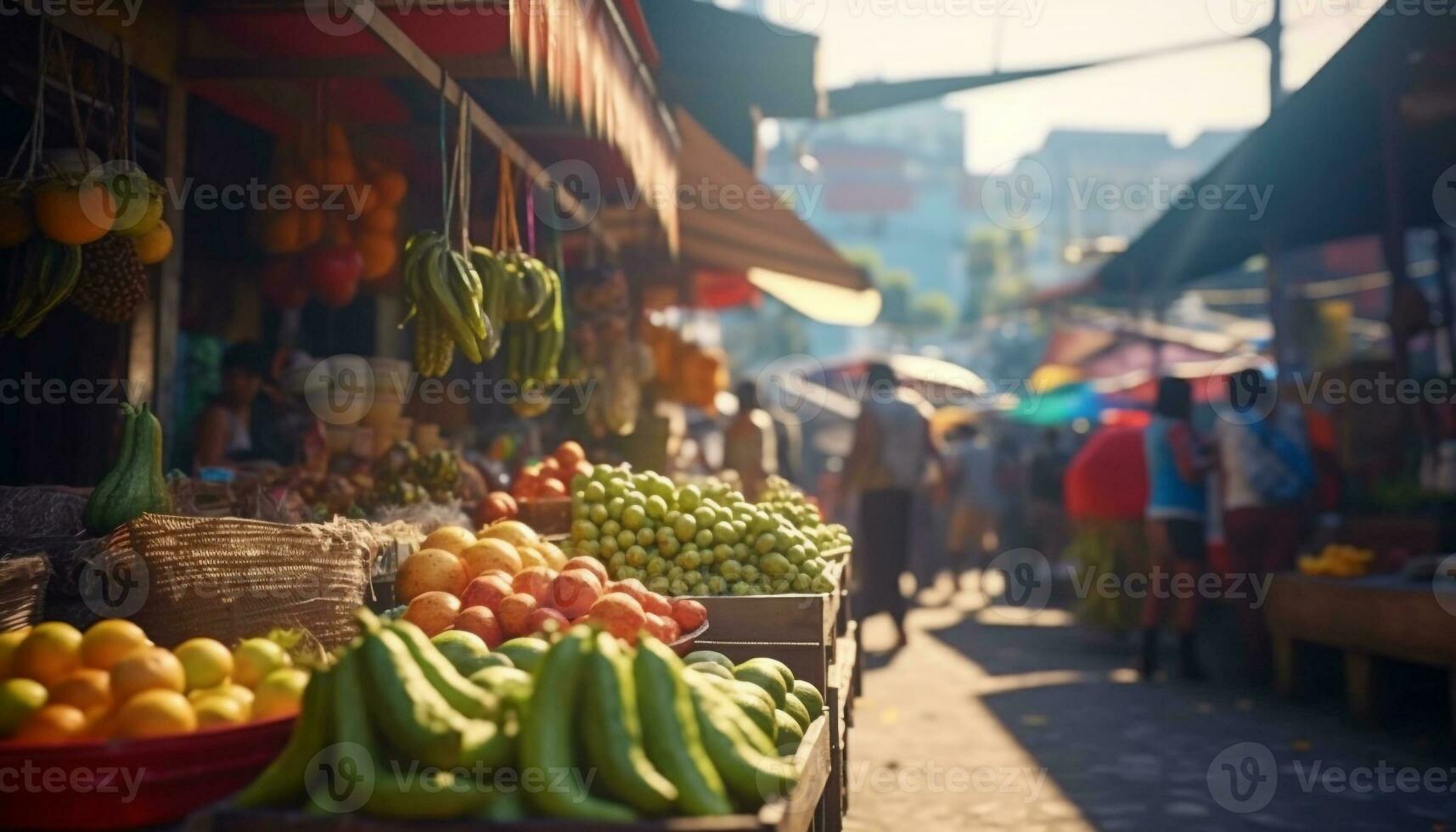 fresco frutta e verdure venduto a un' vivace strada mercato generato di ai foto