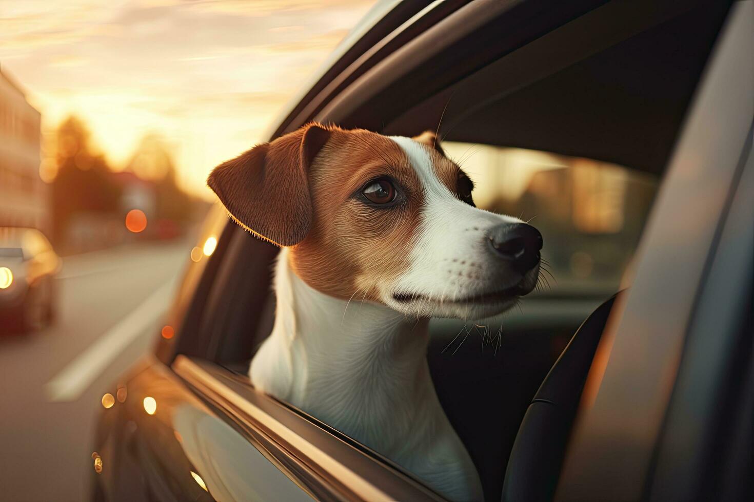 Jack russell terrier cane nel un' auto a tramonto, Jack russell terrier cane nel un' auto su il strada, ai generato foto