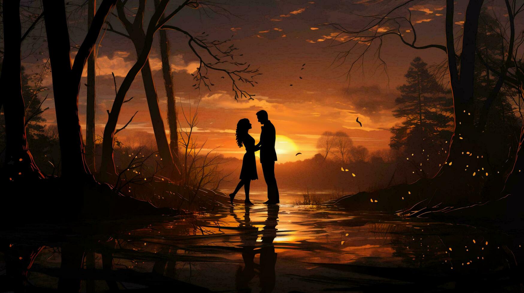 silhouette di un' coppia di Novelli sposi nel amore a tramonto contro il sfondo di un' fiume, il concetto di nozze e amore foto