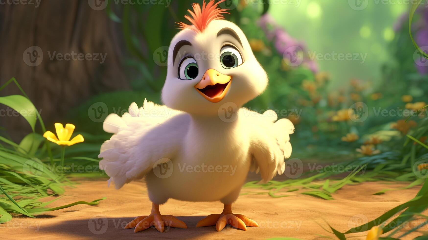 un' carino poco gallo pollo nel disney cartone animato stile. generativo ai foto