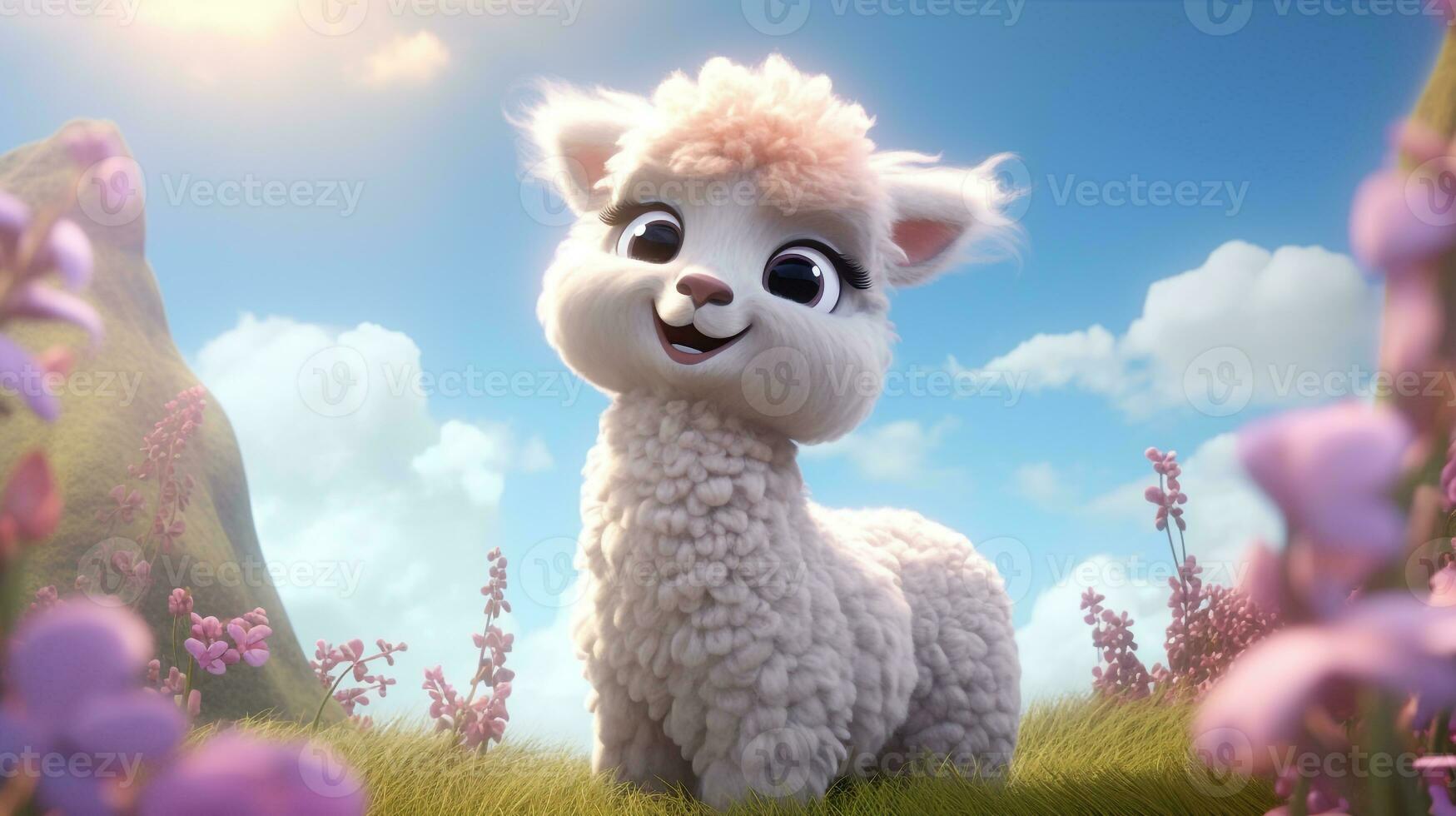 un' carino poco alpaca nel disney cartone animato stile. generativo ai foto