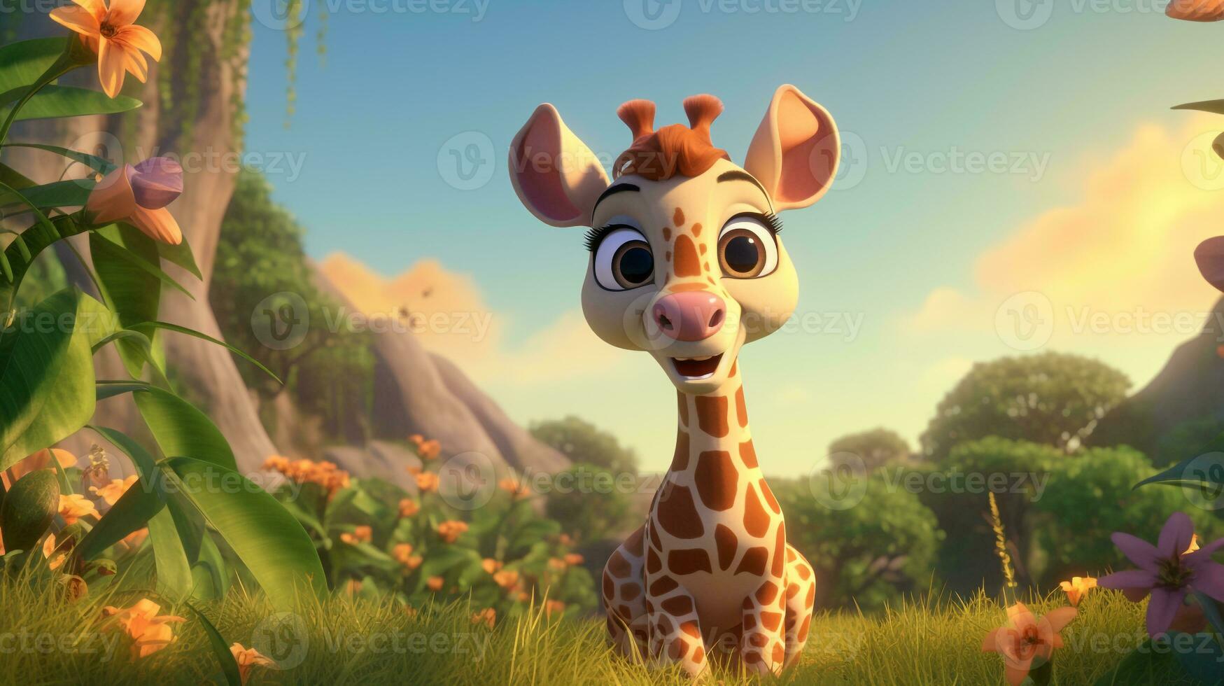 un' carino poco giraffa nel disney cartone animato stile. generativo ai foto