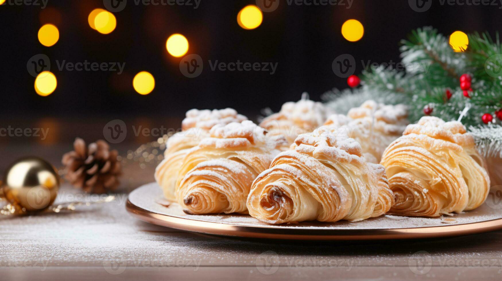 ai generativo Natale soffio Pasticcino vicino su con sfocato luci bokeh sfondo foto