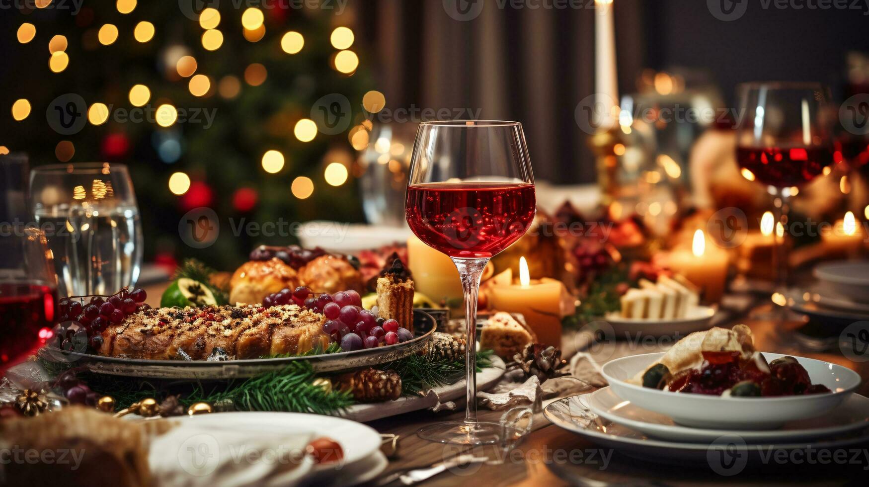 ai generativo Natale cena tavolo, meravigliosamente decorato con cremoso bokeh Natale luci nel il sfondo foto