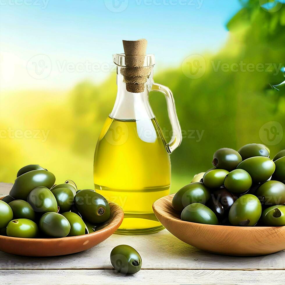 verdura oliva olio vicino su oliva olio bottl con verde e nero olive,naturali verde ,vegetariano condimento per insalate e cucinando e frittura. sano cibo. generativo ai foto