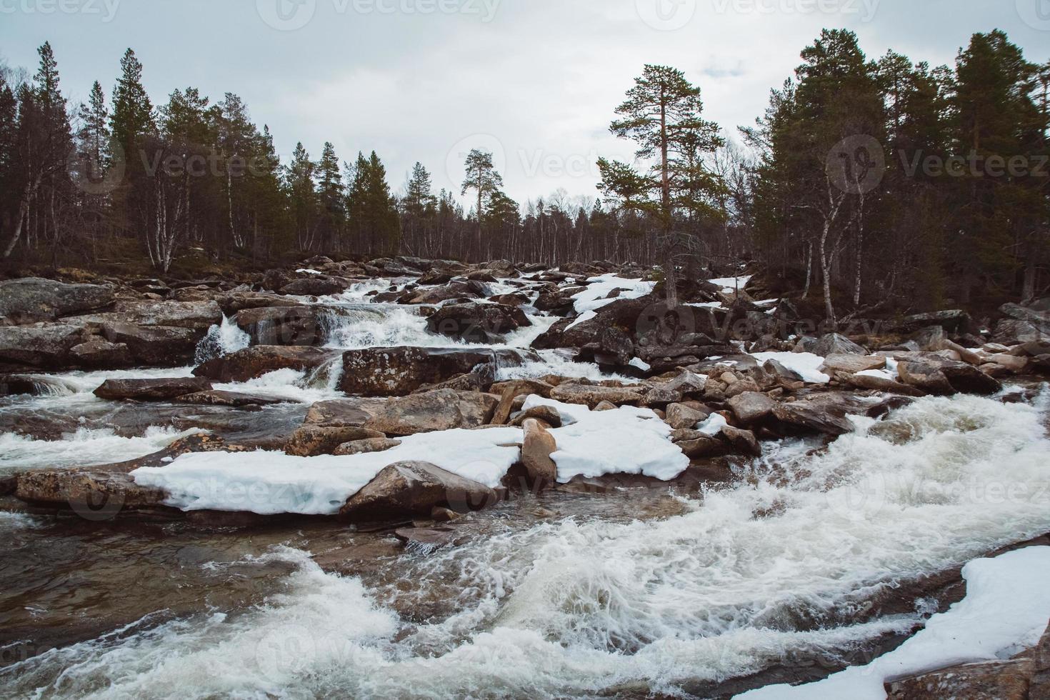 fiume di montagna e la cascata che scorre tra rocce e foresta foto