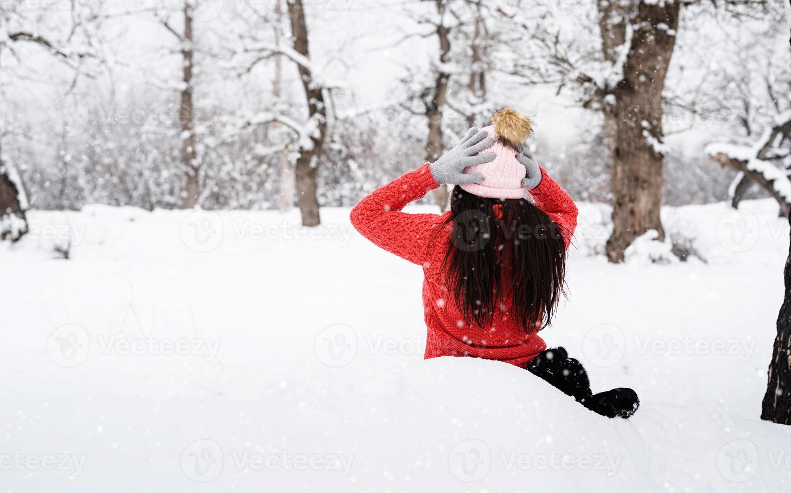 vista posteriore della donna bruna seduta nel parco innevato in nevicate foto