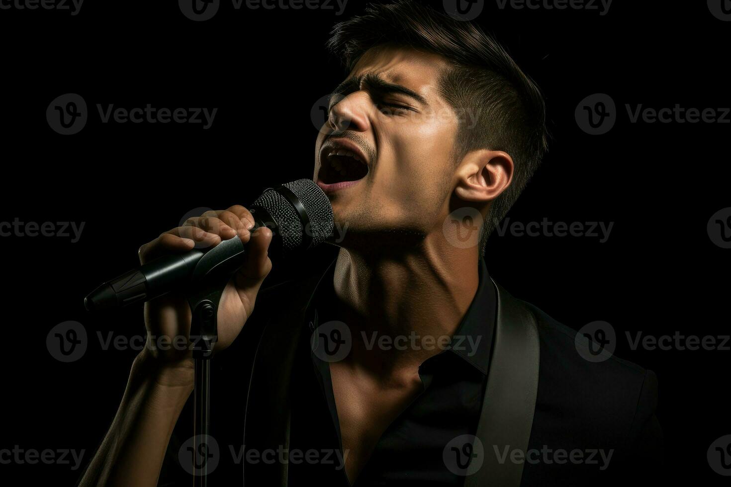 bello uomo con microfono cantando musicista artista ritratto. creare ai foto