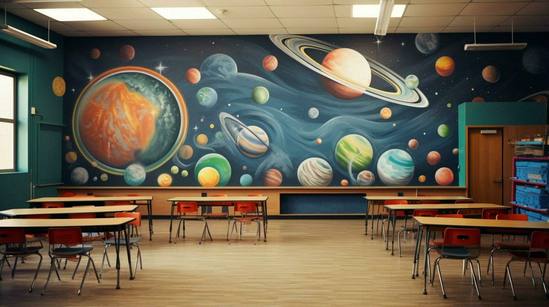 un' aula con un' colorato parete con un' pianeta tema foto
