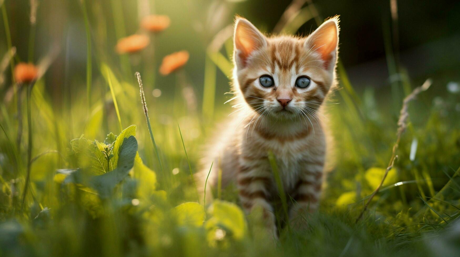 un' carino gattino seduta nel il erba fissando scherzosamente foto