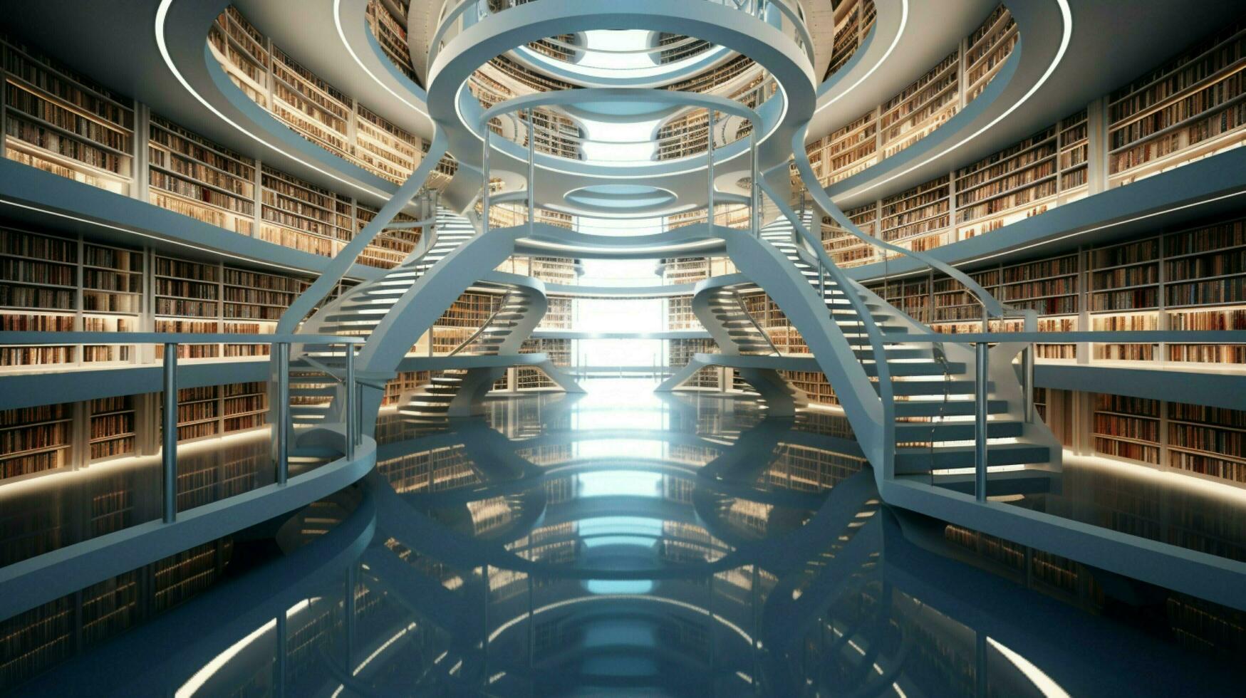 un' futuristico biblioteca con scaffali nel simmetria foto