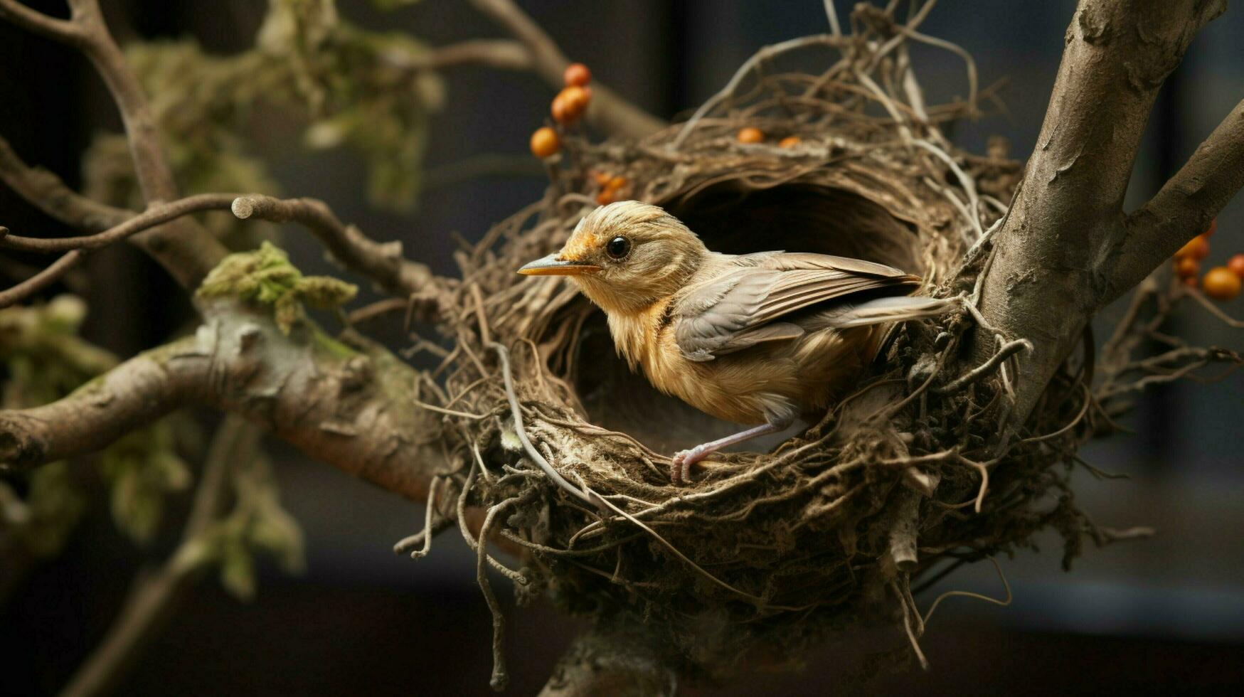 un' piccolo uccello portelli nel un' nido su un' albero ramo foto