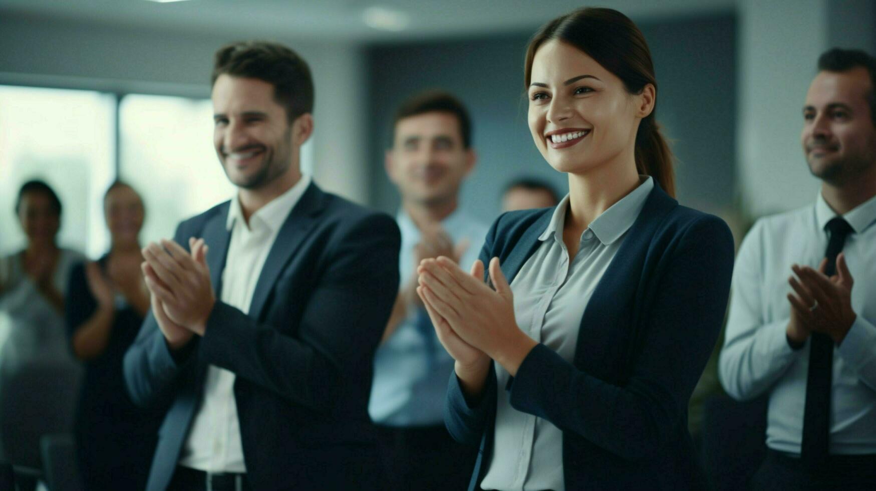 un' riuscito attività commerciale squadra presentazione sorridente e applaudire foto