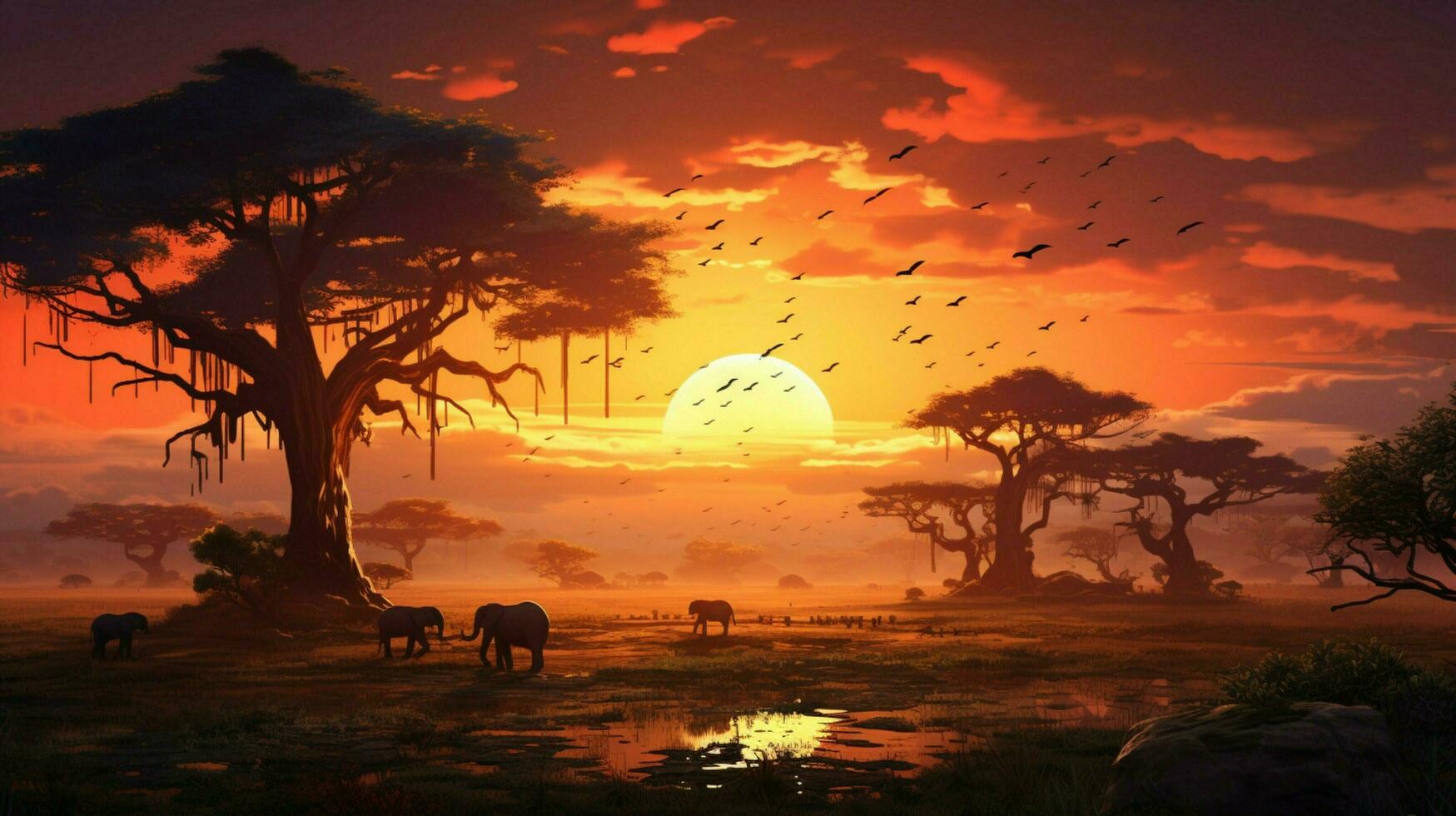 Africa savana a tramonto animali pascolare antico alberi foto