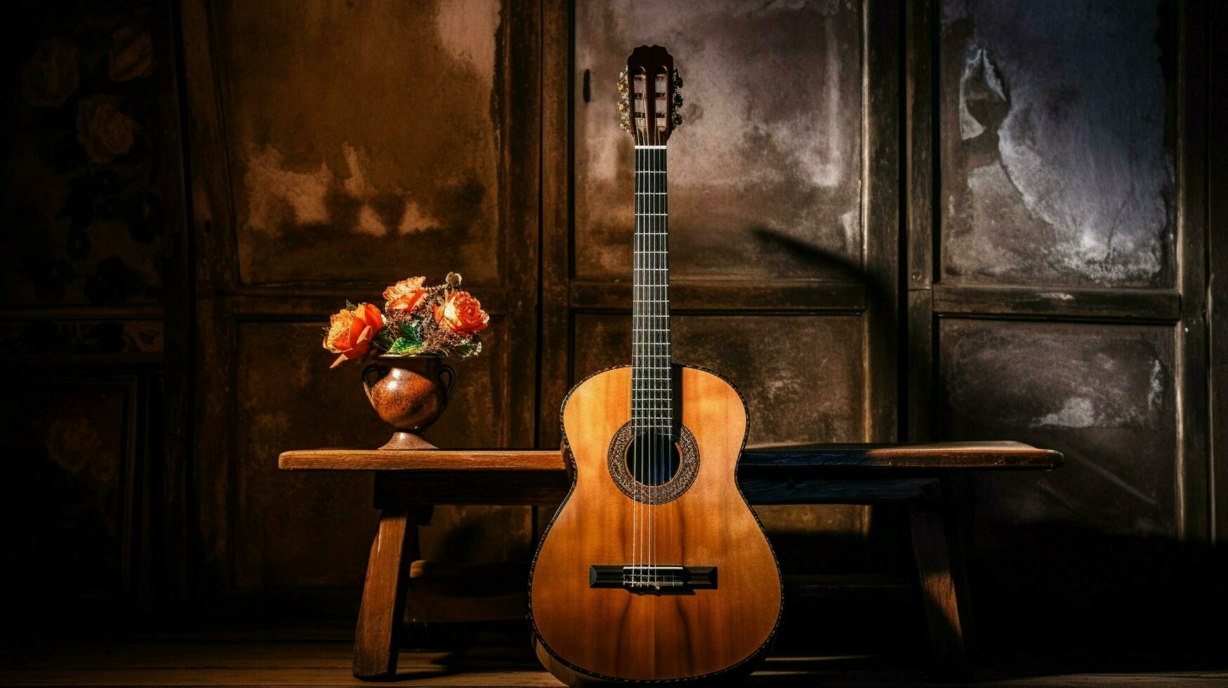 antico acustico chitarra su di legno tavolo giocando classico foto