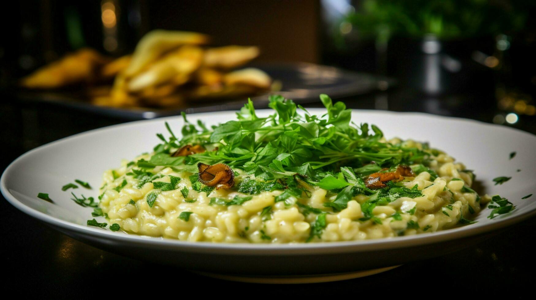 vicino su di un' buongustaio vegetariano risotto con fresco foto