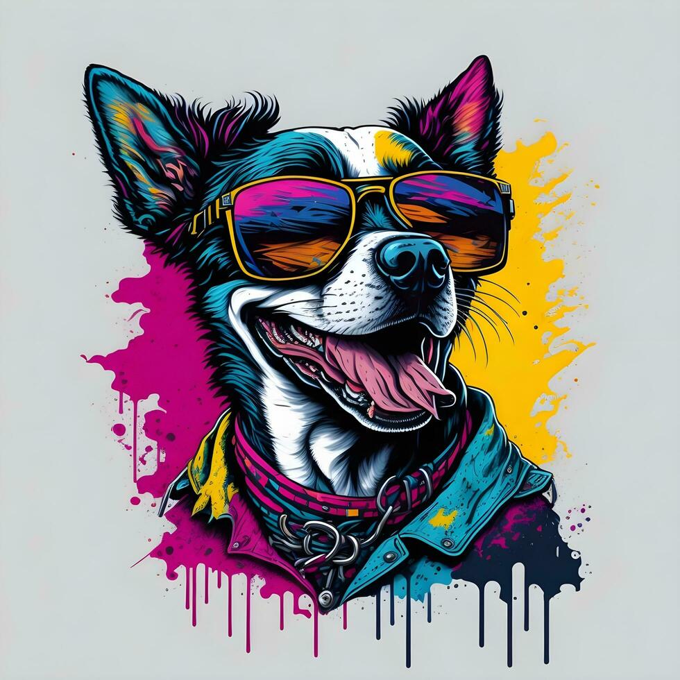 colorato graffiti di un' divertente cane indossare un' camicia e occhiali da sole. stampabile design per maglietta foto