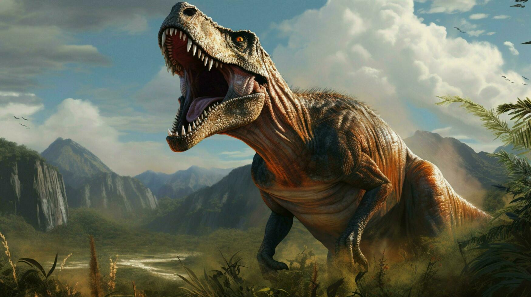 dinosauro ruggisce ferocemente nel il preistorico paesaggio foto