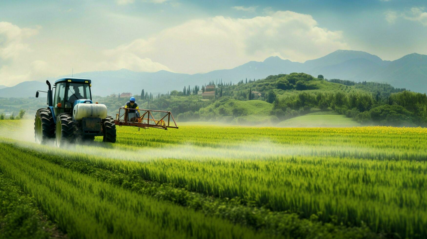 azienda agricola lavoratore guida trattore spruzzatura verde prato foto