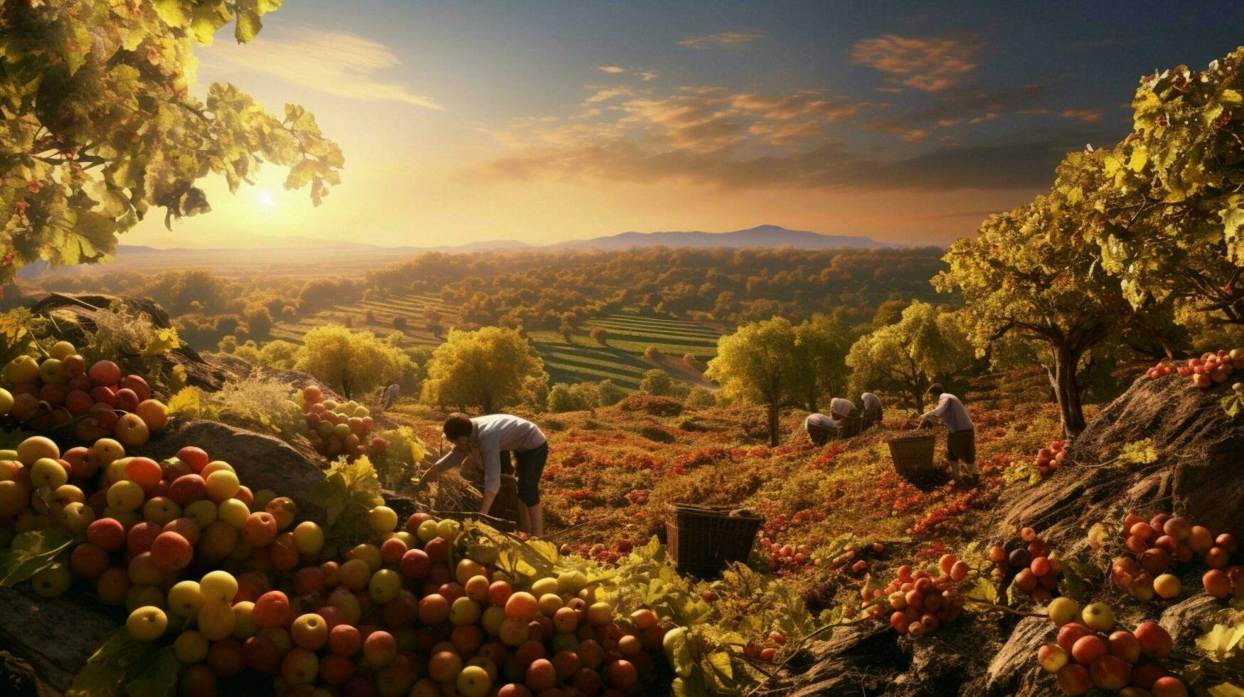 agricoltori raccolta fresco frutta nel il autunno luce del sole calore foto