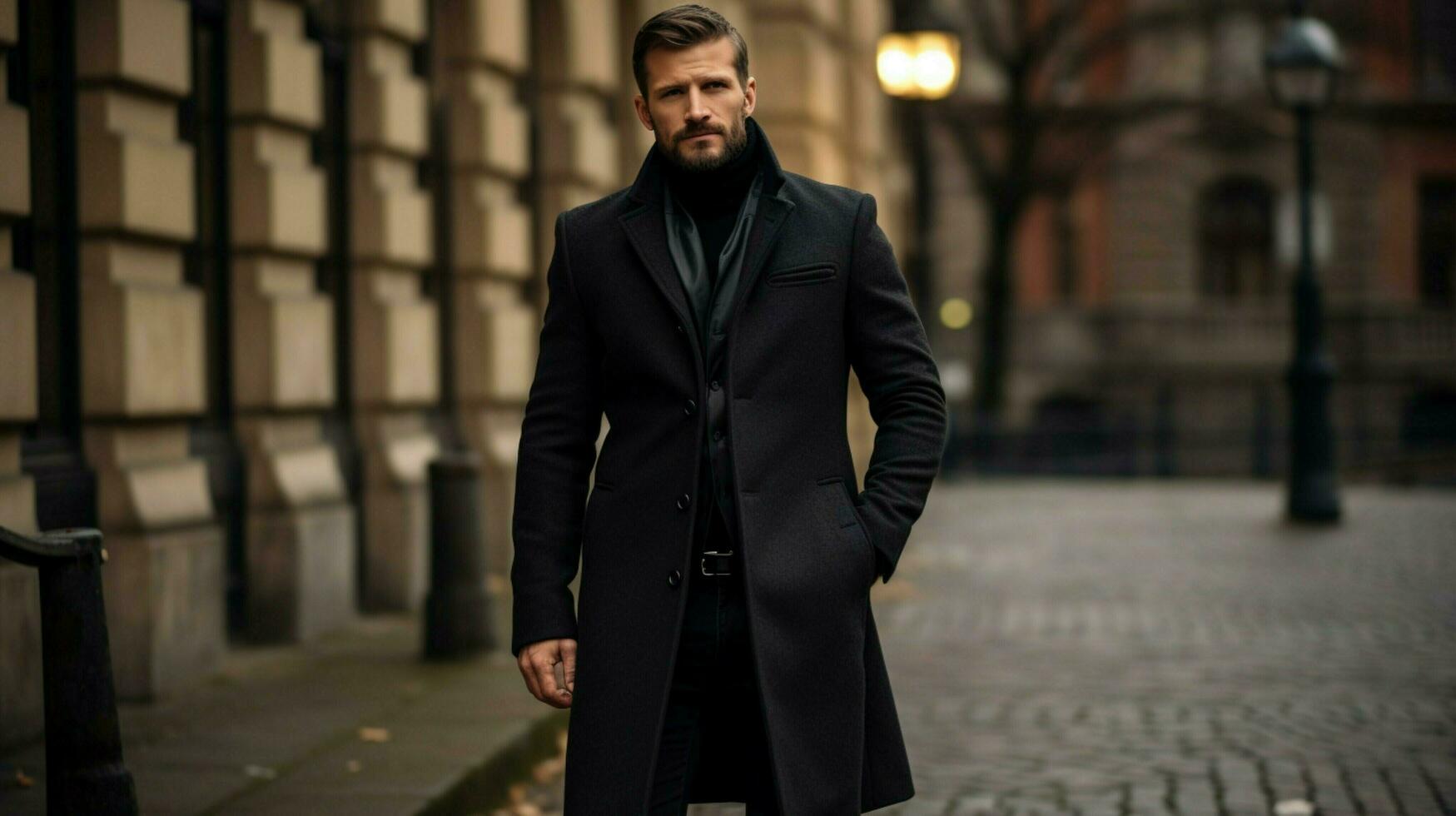 alla moda uomini inverno cappotto buio lana eleganza foto