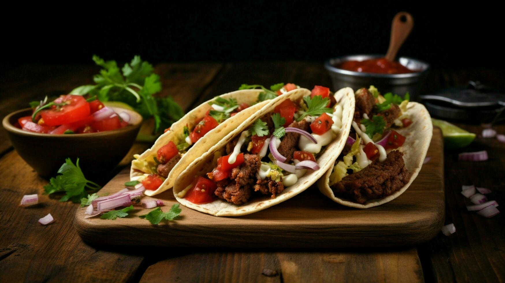 fresco Manzo taco su di legno tavolo con salsa foto