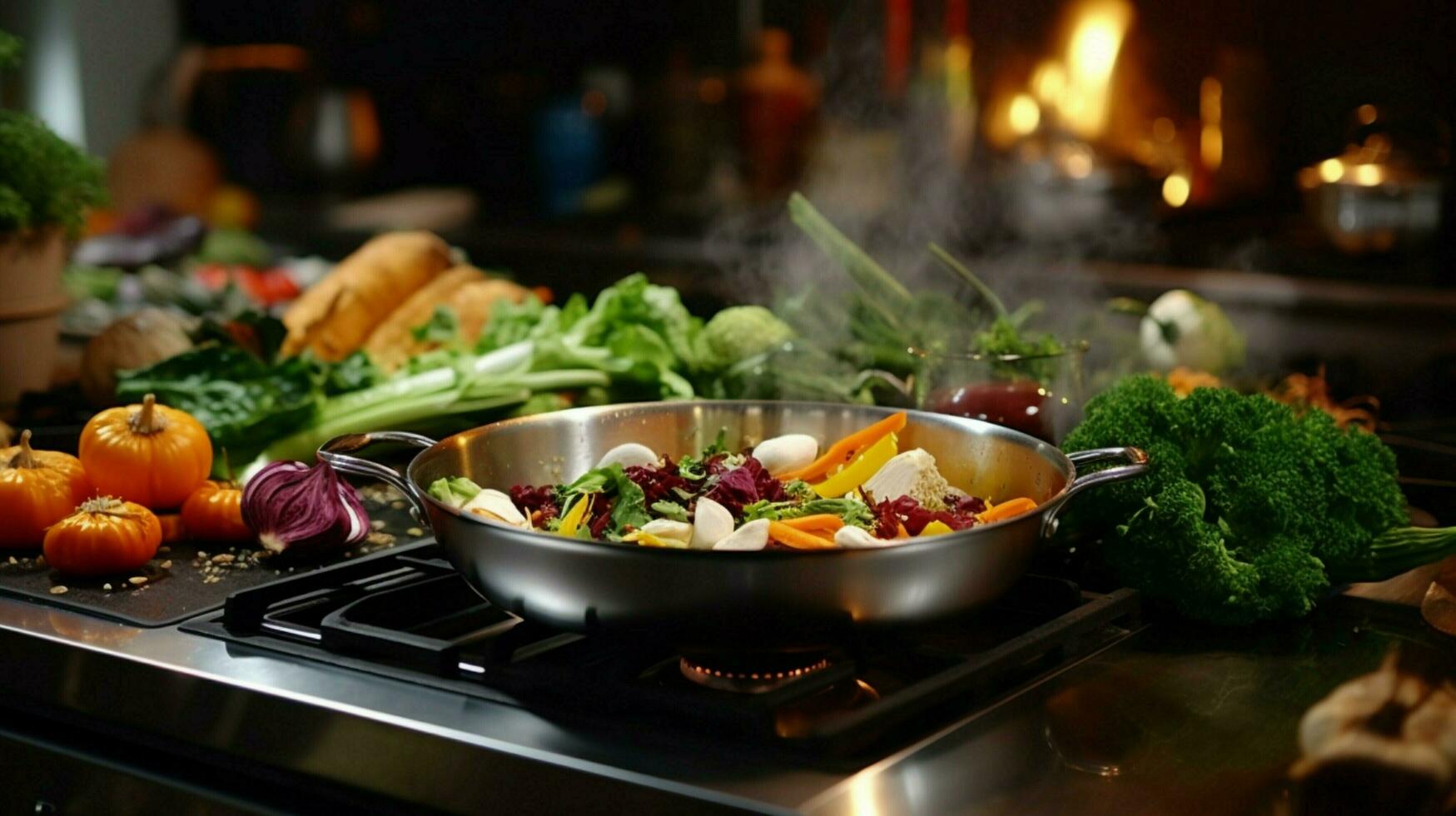 fresco verdure cucinando su stufa salutare pasto nel buongustaio foto