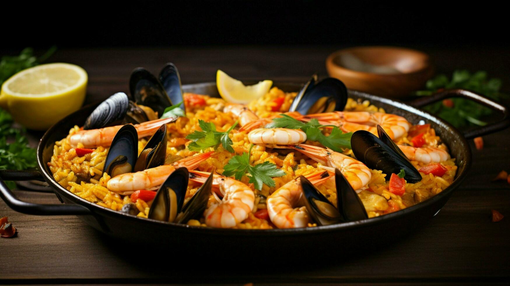 appena cucinato buongustaio frutti di mare paella su piatto foto