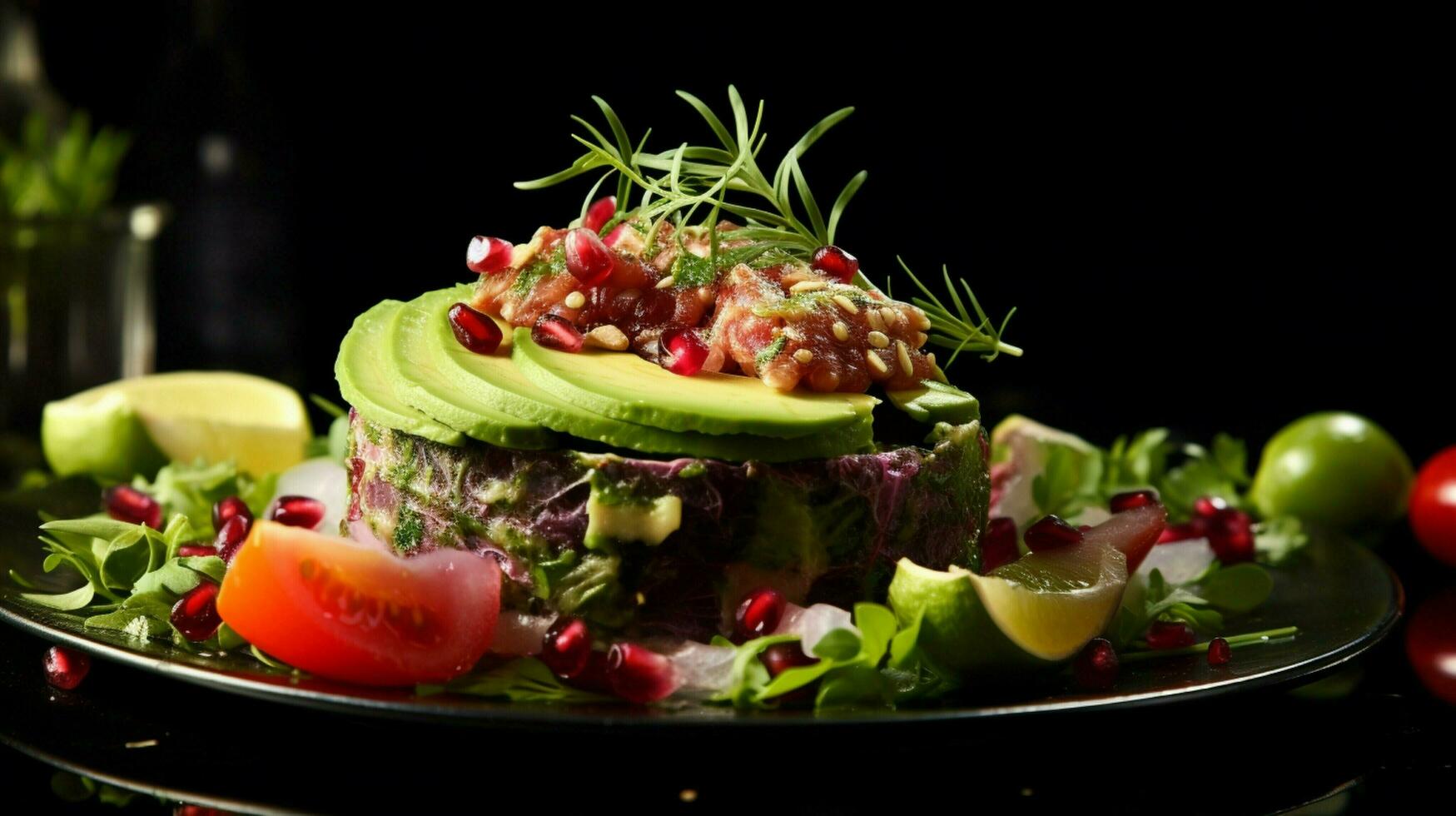 freschezza su un' piatto avocado carne verdura foto