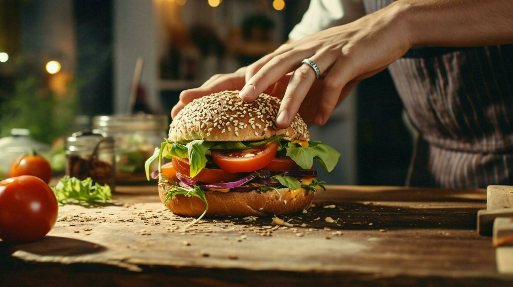 mano prepara fatti in casa hamburger su rustico di legno tavolo foto