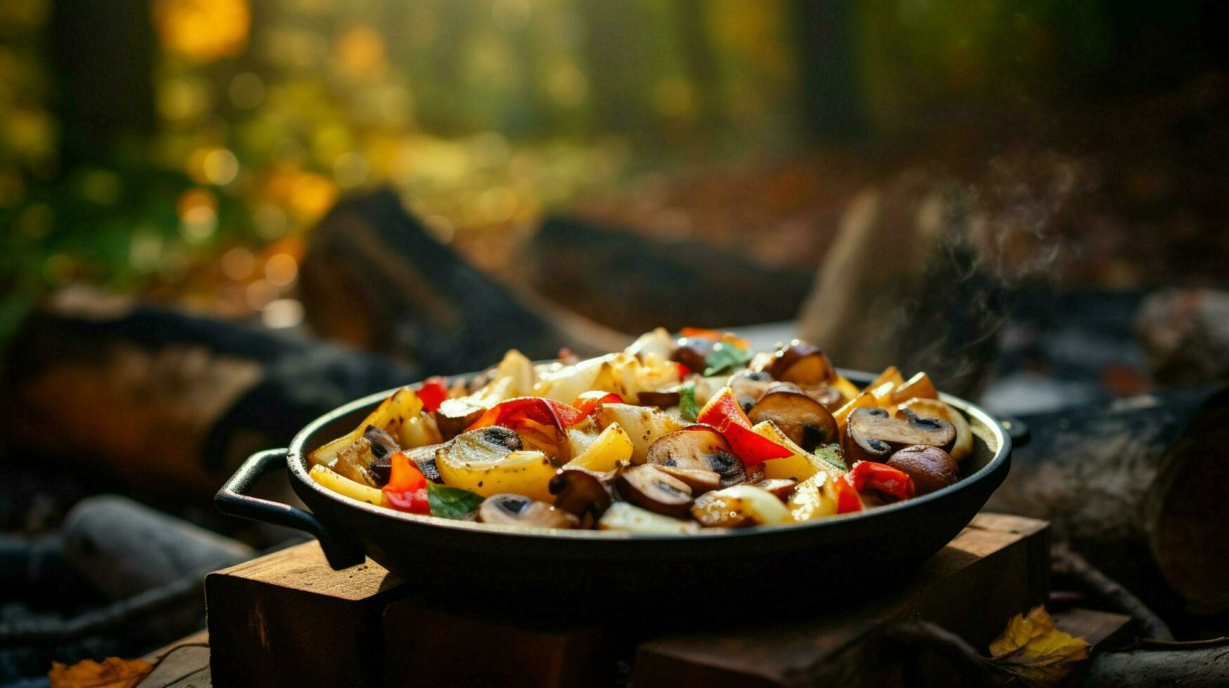 salutare vegetariano pasto cucinato all'aperto su legna fiamma foto