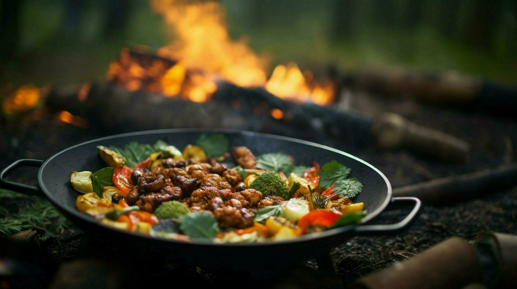 salutare vegetariano pasto cucinato all'aperto su legna fiamma foto