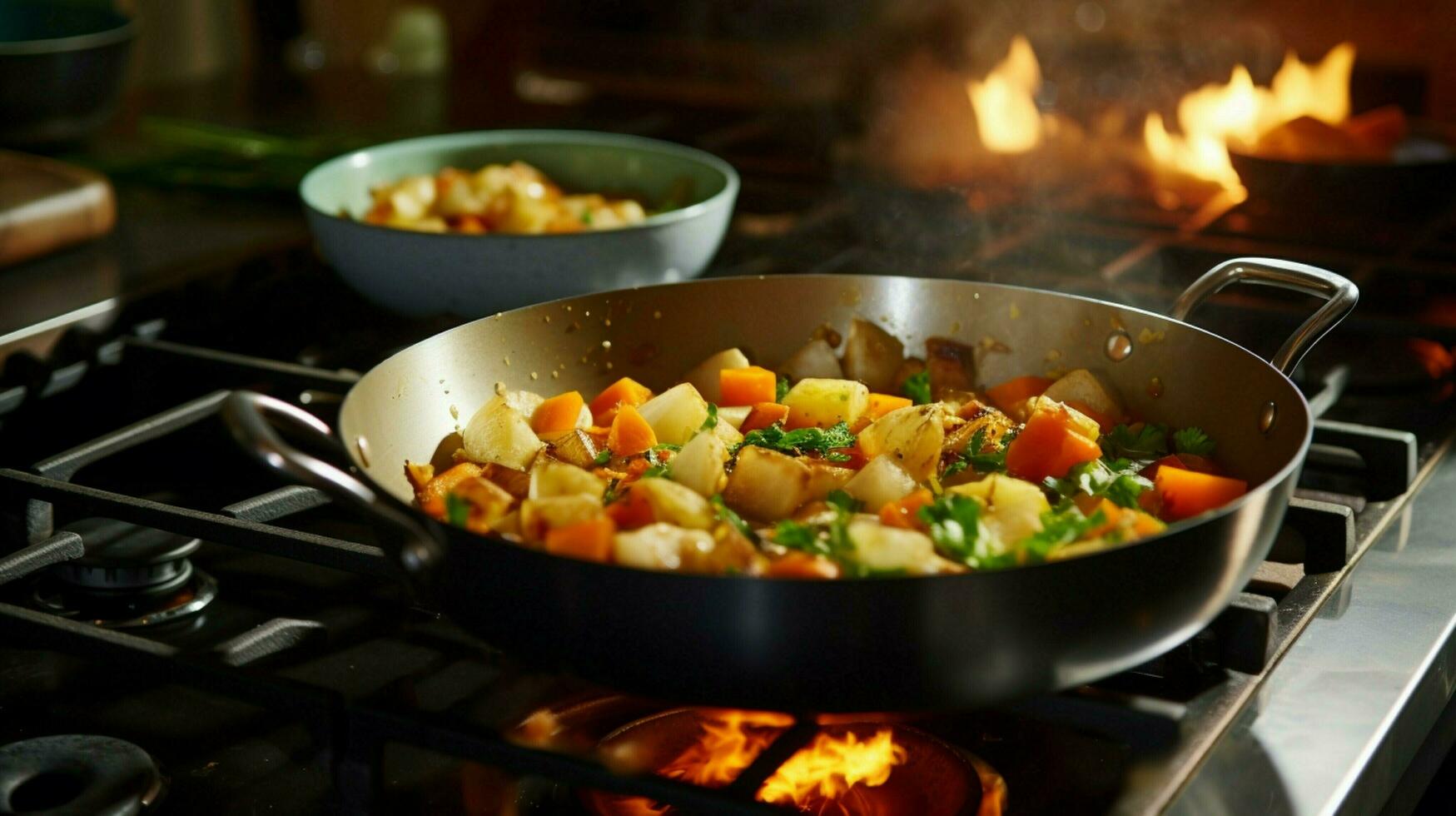 salutare vegetariano stufato cucinando su stufa superiore nel fatti in casa foto