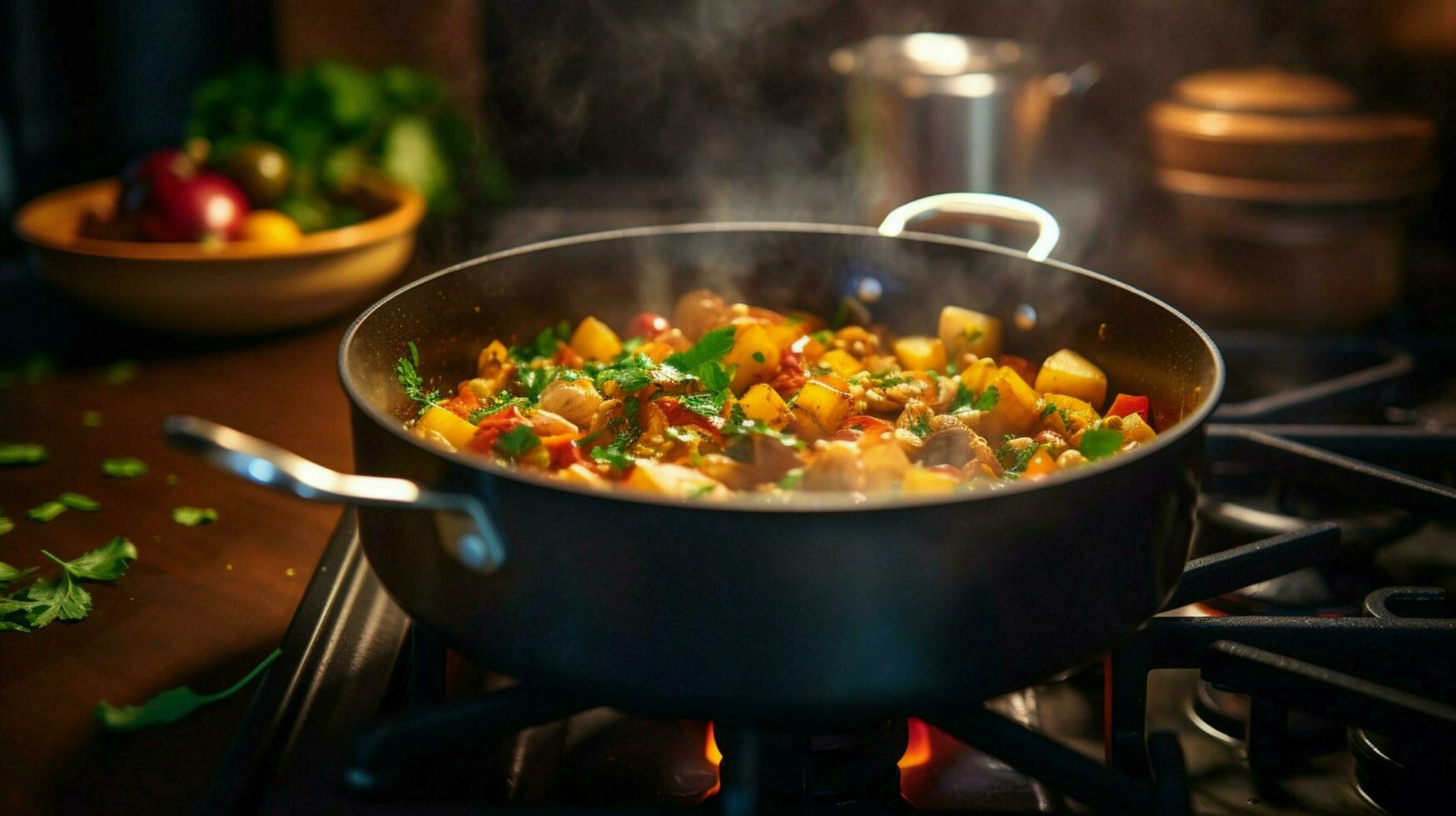 salutare vegetariano stufato cucinando su stufa superiore nel fatti in casa foto