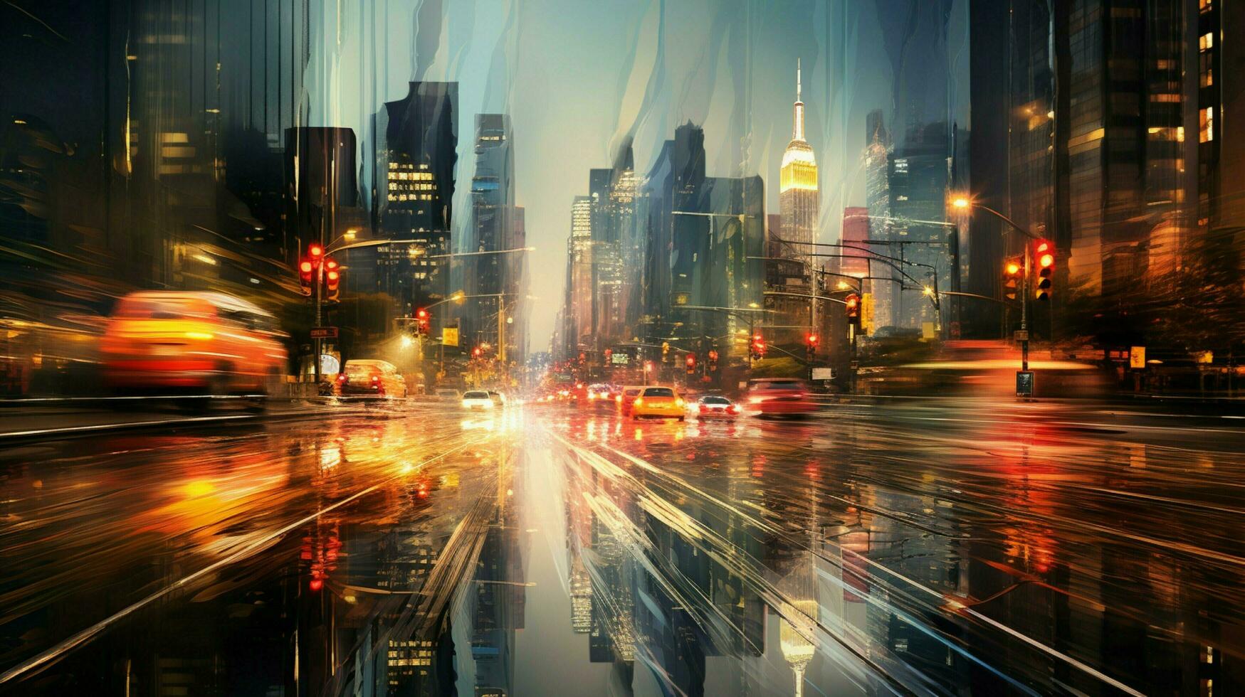 illuminato città orizzonte bagnato strade sfocato movimento foto