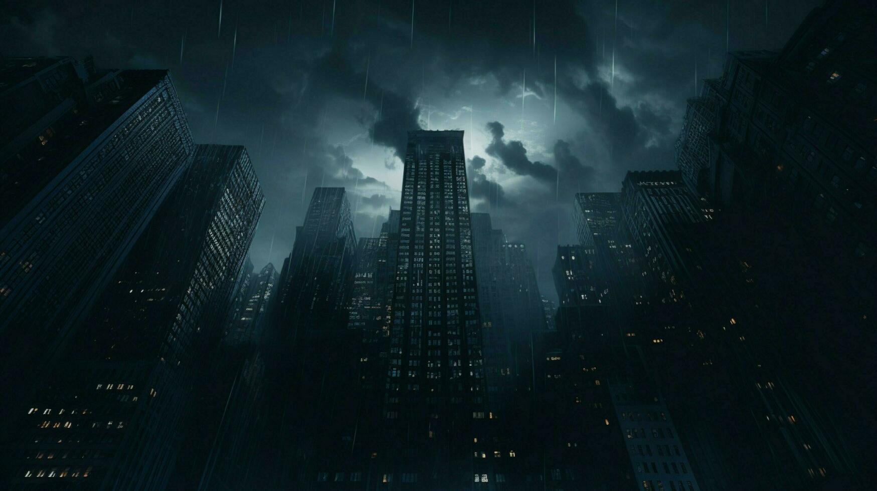 notte cascate su un' spaventoso Gotico grattacielo foto