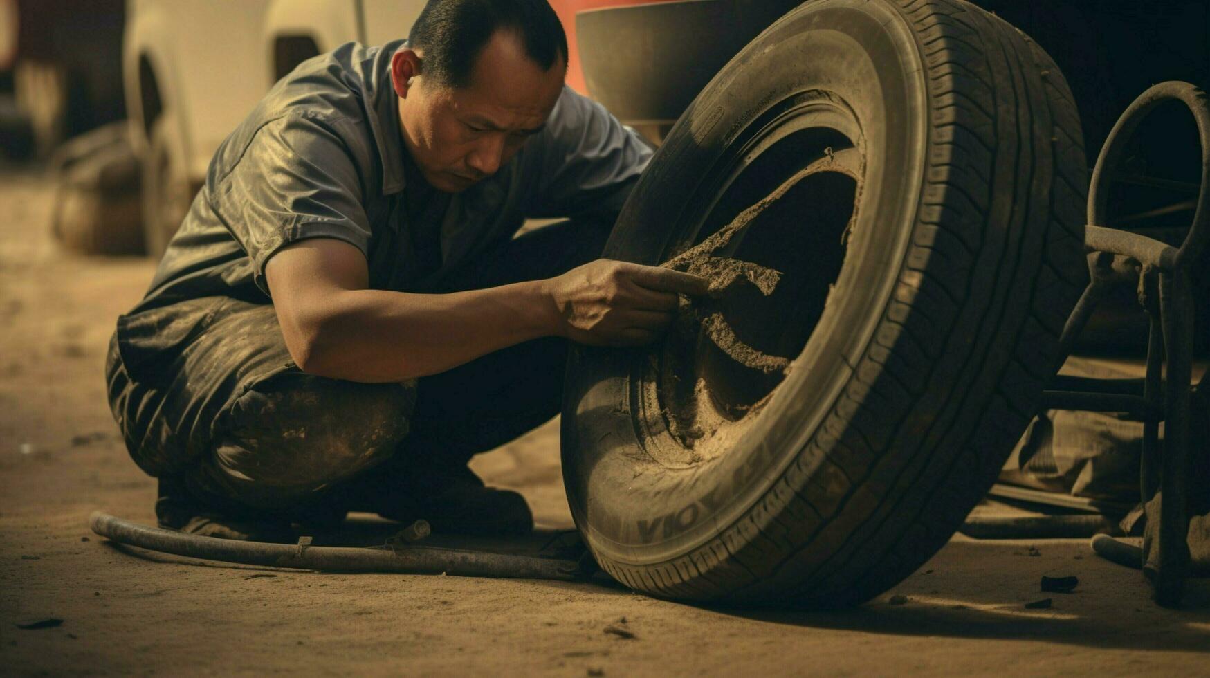 uno uomo riparazione pneumatico con opera attrezzo foto