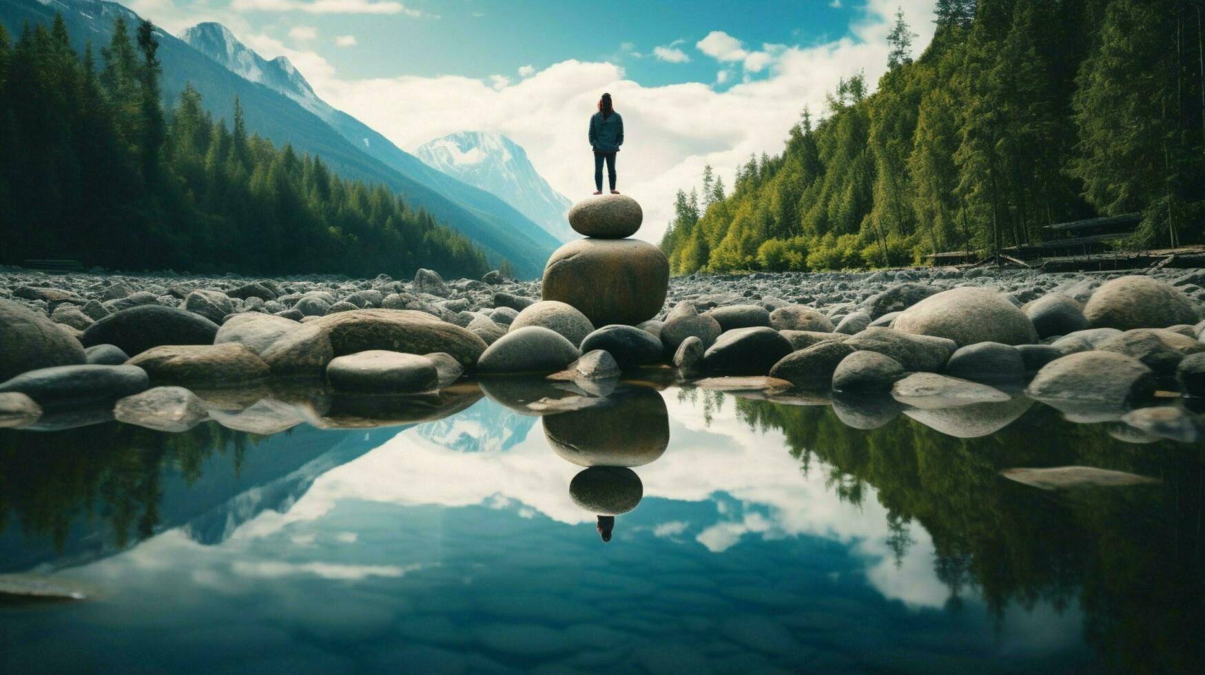 uno persona Meditare in piedi su roccia riflettendo foto