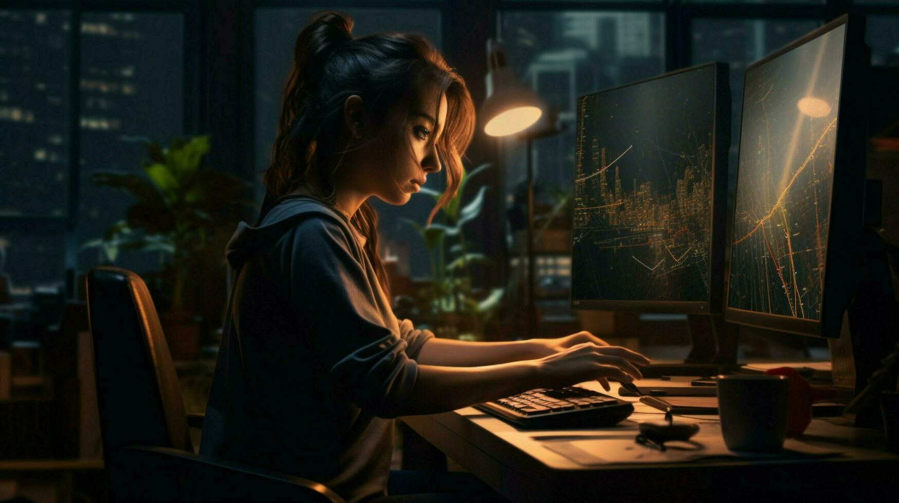 uno giovane donna Lavorando in casa utilizzando computer nel buio foto