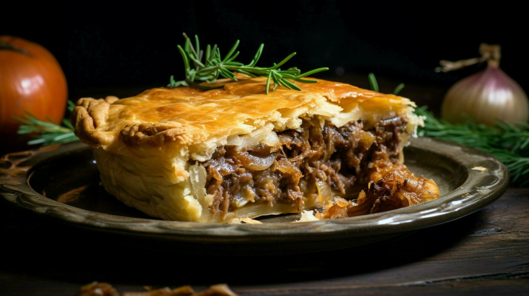 rustico carne torta al forno con salato cipolle foto