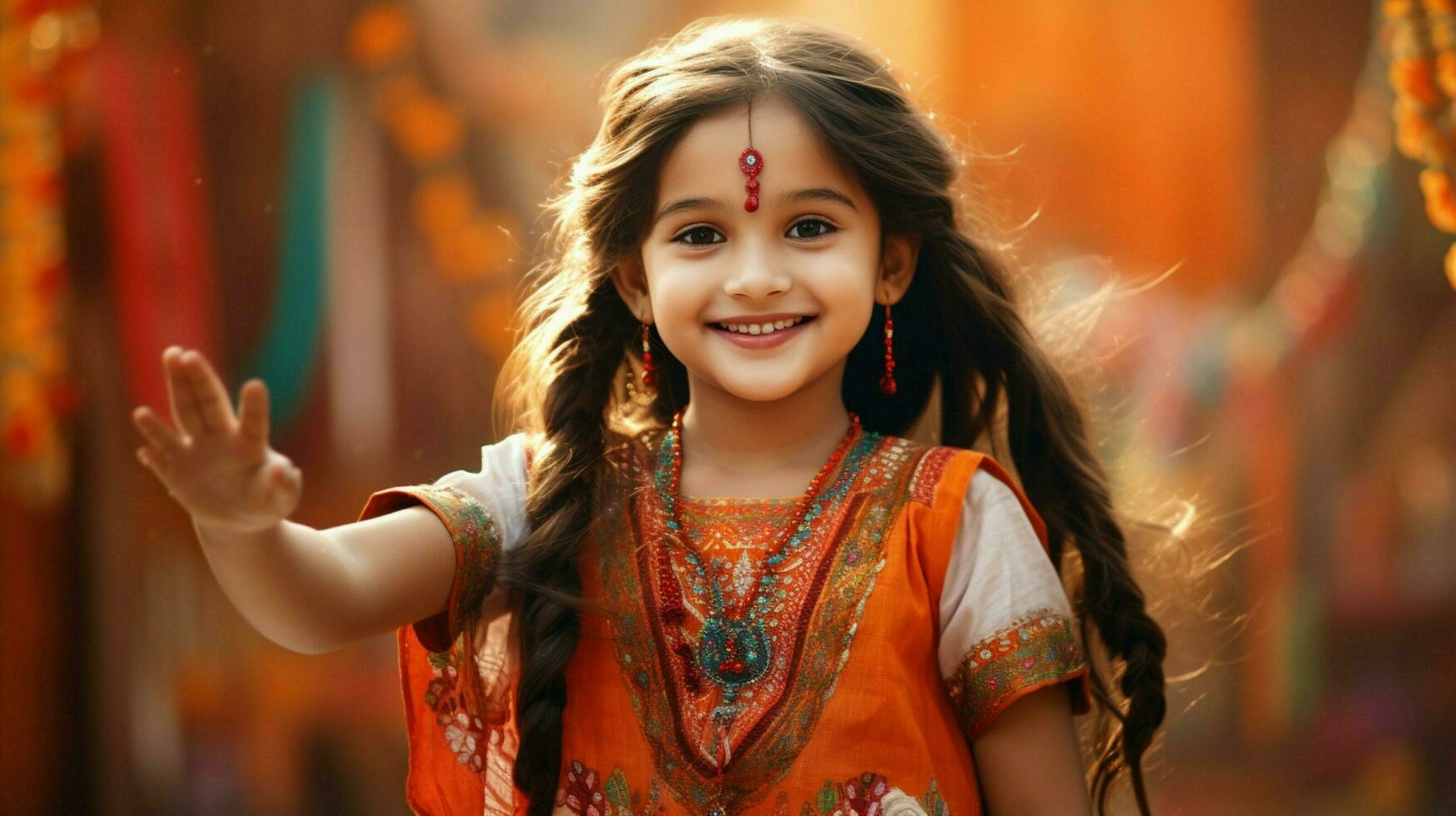sorridente carino ragazza nel tradizionale vestito celebra gioioso foto