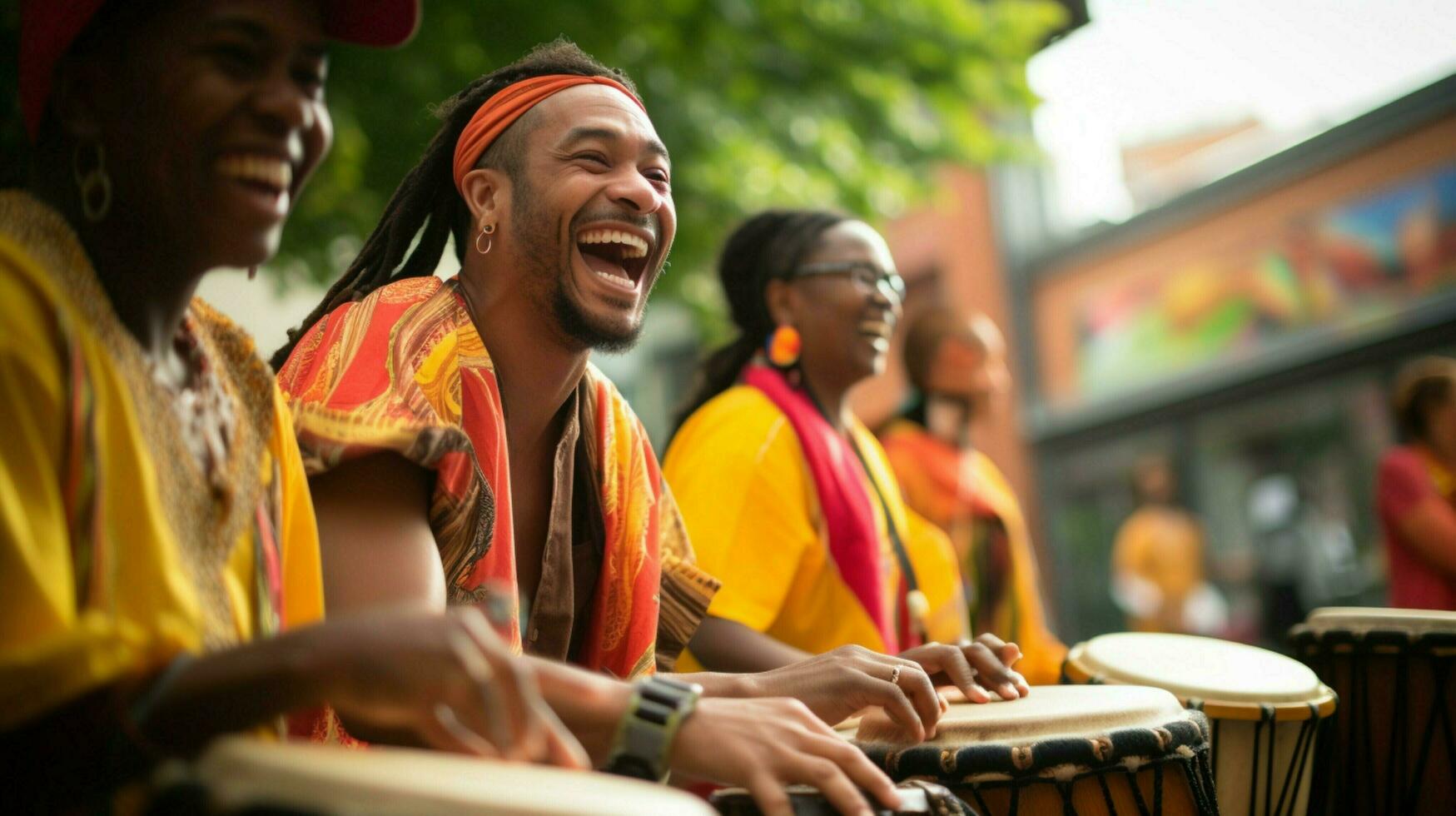 sorridente musicisti giocare percussione a un' culturale Festival foto