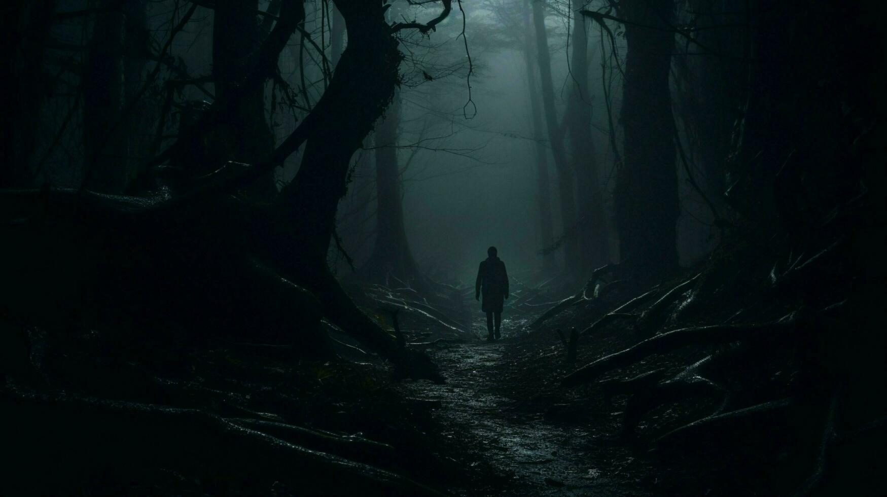 spaventoso uno persona a piedi nel buio foresta foto