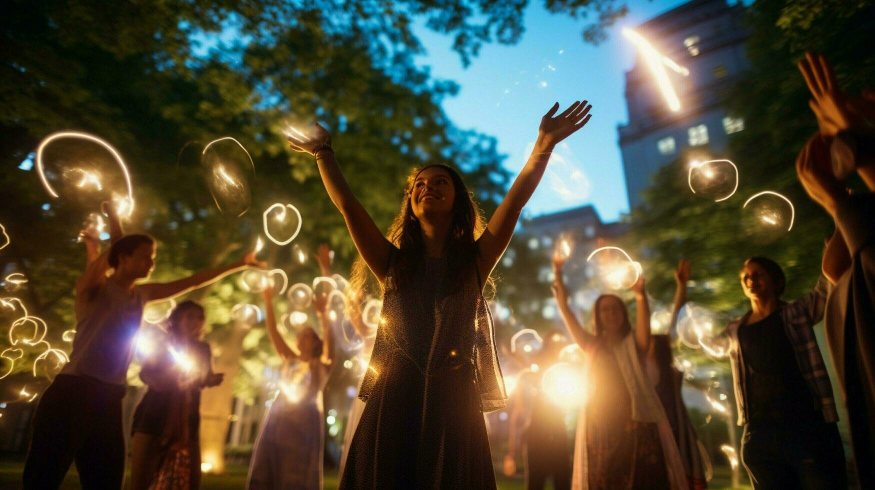 giovane adulti danza nel illuminato all'aperto celebrazione foto