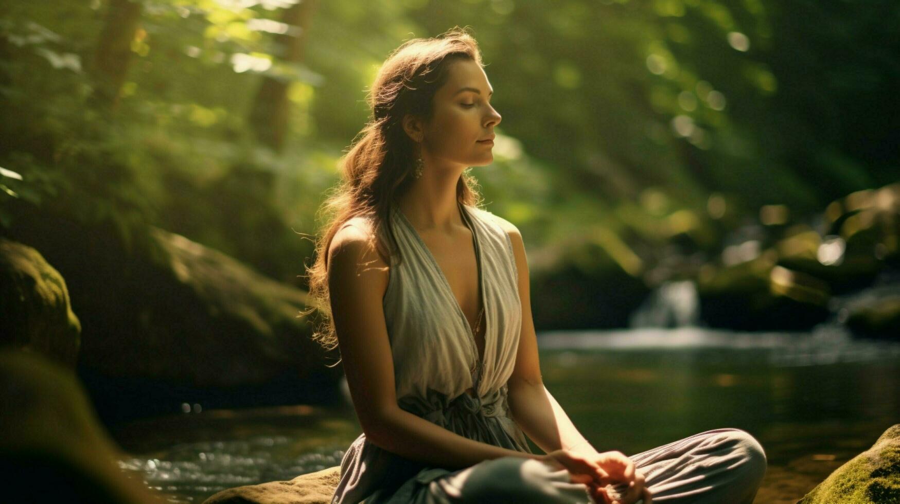 giovane donna godendo il bellezza di natura nel un' tranquillo foto