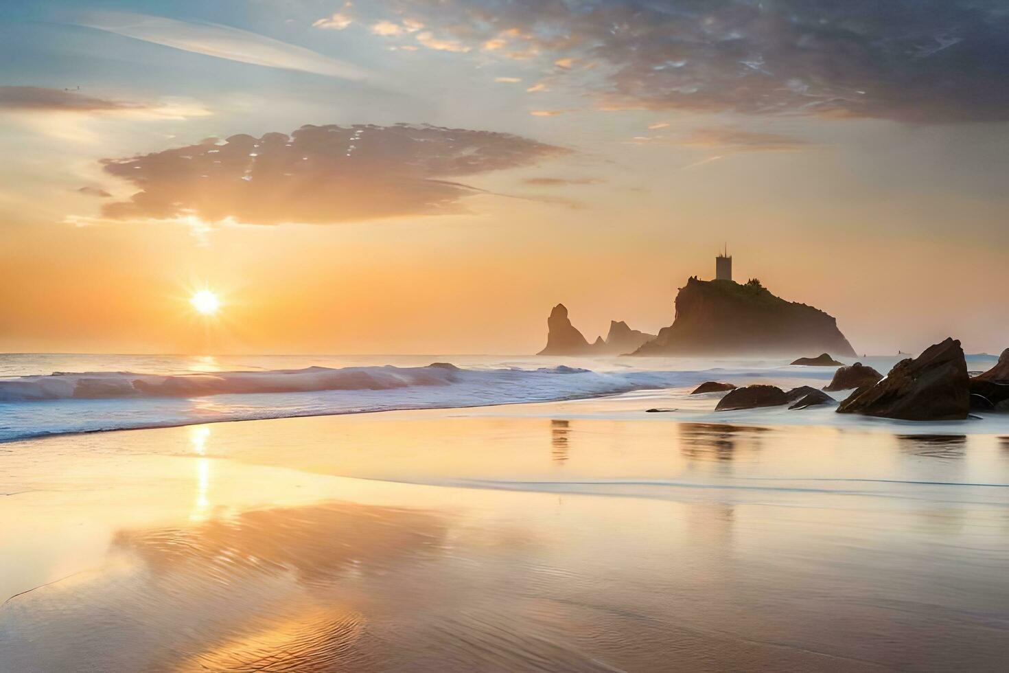 tramonto su il spiaggia con rocce e acqua. ai-generato foto